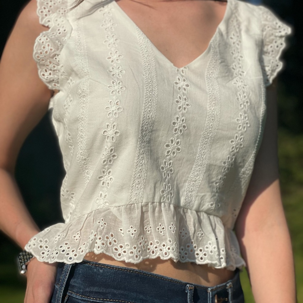 Paper crane white ruffle tank